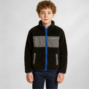 Eddie Bauer Kids Sherpa Fleece Jacket Size M Black Blue Zip Hooded Youth 0010